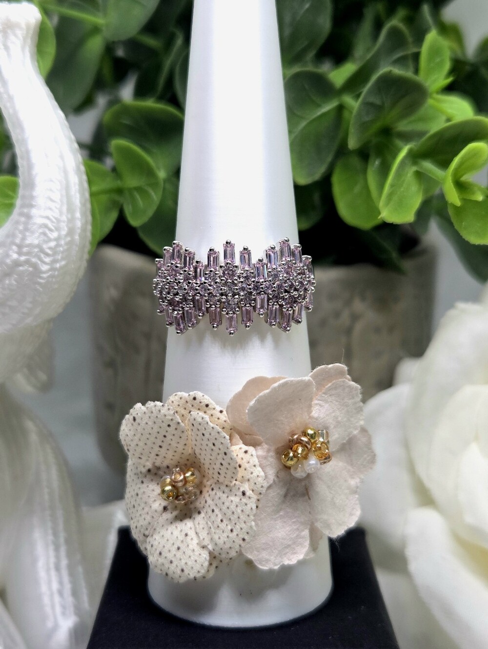 BP Pale Pink Baguette Cluster Ring On Rhodium Plating